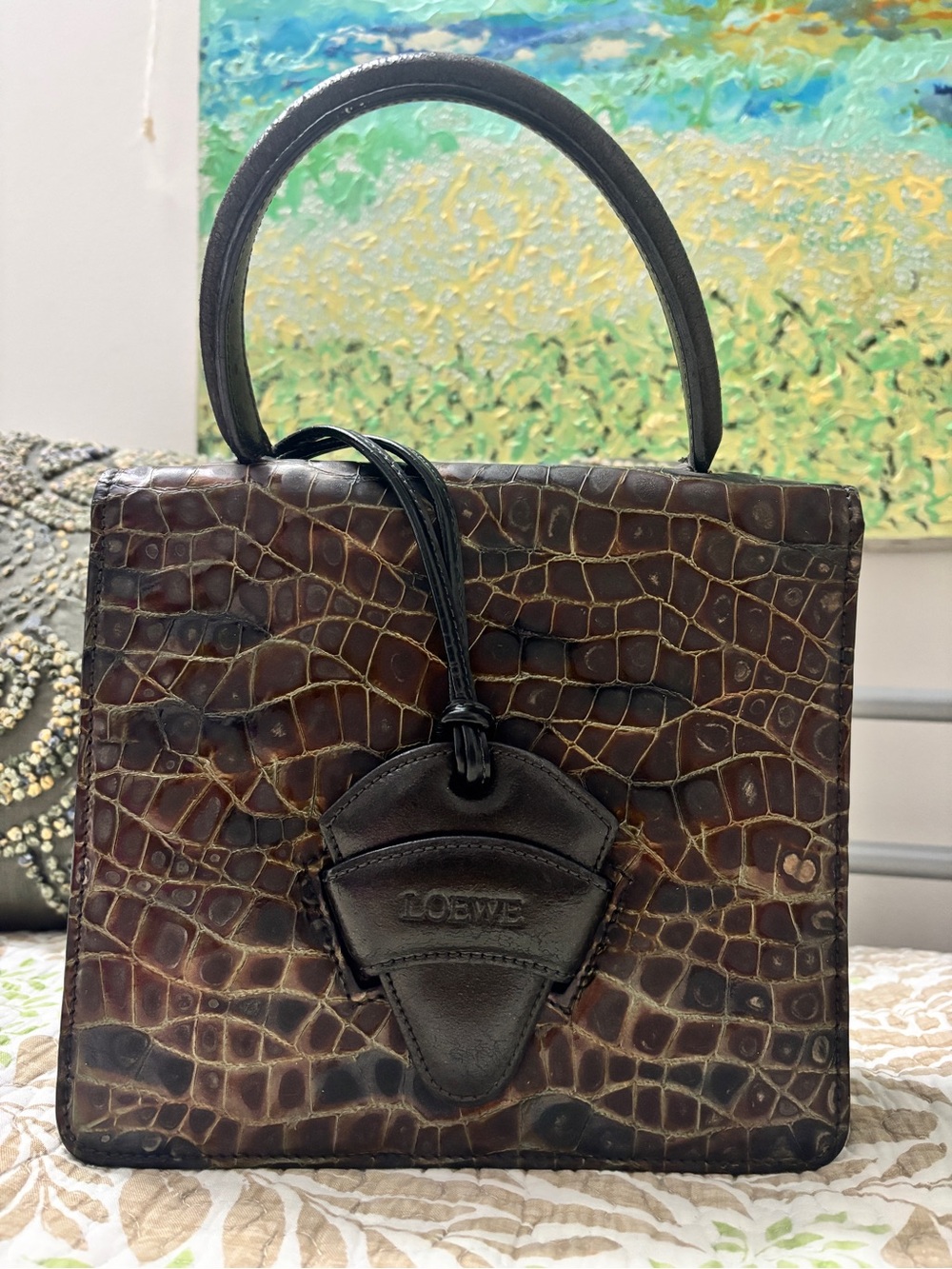 Vintage Loewe Barcelona Dark Brown Crocodile Top Handle Bag